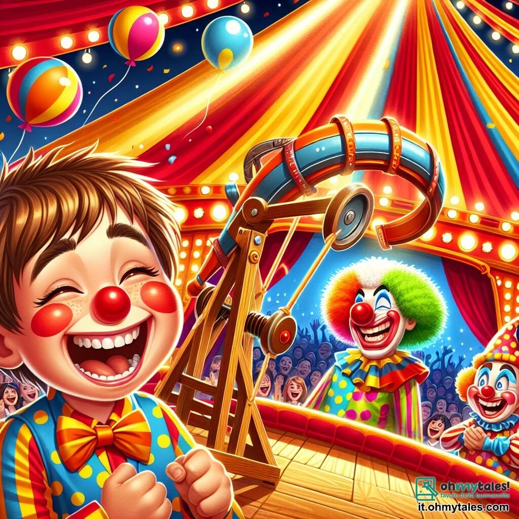 Illustrazione che rappresenta una scena vibrante all'interno di una grande tenda da circo dai colori vivaci, con strisce rosse e gialle che danzano sotto la luce dei riflettori. Al centro, un ragazzo di 11 anni, con capelli castani in disordine e un grande sorriso, indossa un costume da clown colorato, un naso rosso e scarpe sovradimensionate. Sta ridendo gioiosamente mentre tiene una grande catapulta di legno e tessuti brillanti, pronto a lanciare il suo amico clown in aria. Accanto a lui, un clown più grande, di circa 30 anni, con il viso dipinto di bianco, parrucca multicolore e un grande naso rosso, osserva con entusiasmo. Indossa un costume a pois e fa gesti esagerati per incoraggiare il ragazzo. La scena principale mostra il momento emozionante in cui il ragazzo si prepara a catapultare il suo amico clown, mentre il pubblico sullo sfondo è affascinato, con bambini e adulti che ridono e applaudono. Palloncini colorati fluttuano nell'aria e coriandoli cadono intorno a loro, aggiungendo un tocco festivo a questa scena magica del circo.