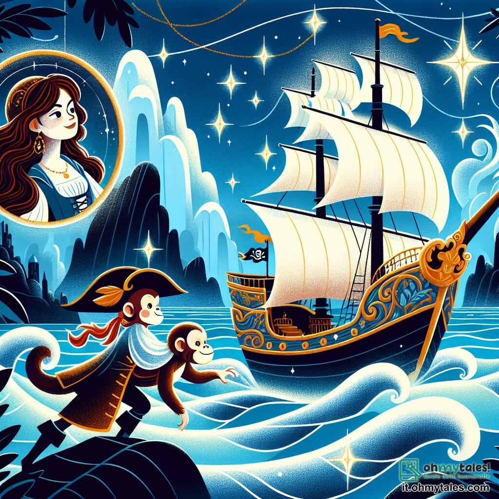 Une illustration destinée aux enfants représentant une femme pirate courageuse, accompagnée de sa fidèle scimmietta, naviguant sur un navire majestueux au milieu d'un océan scintillant parsemé d'îles mystérieuses et de trésors cachés.