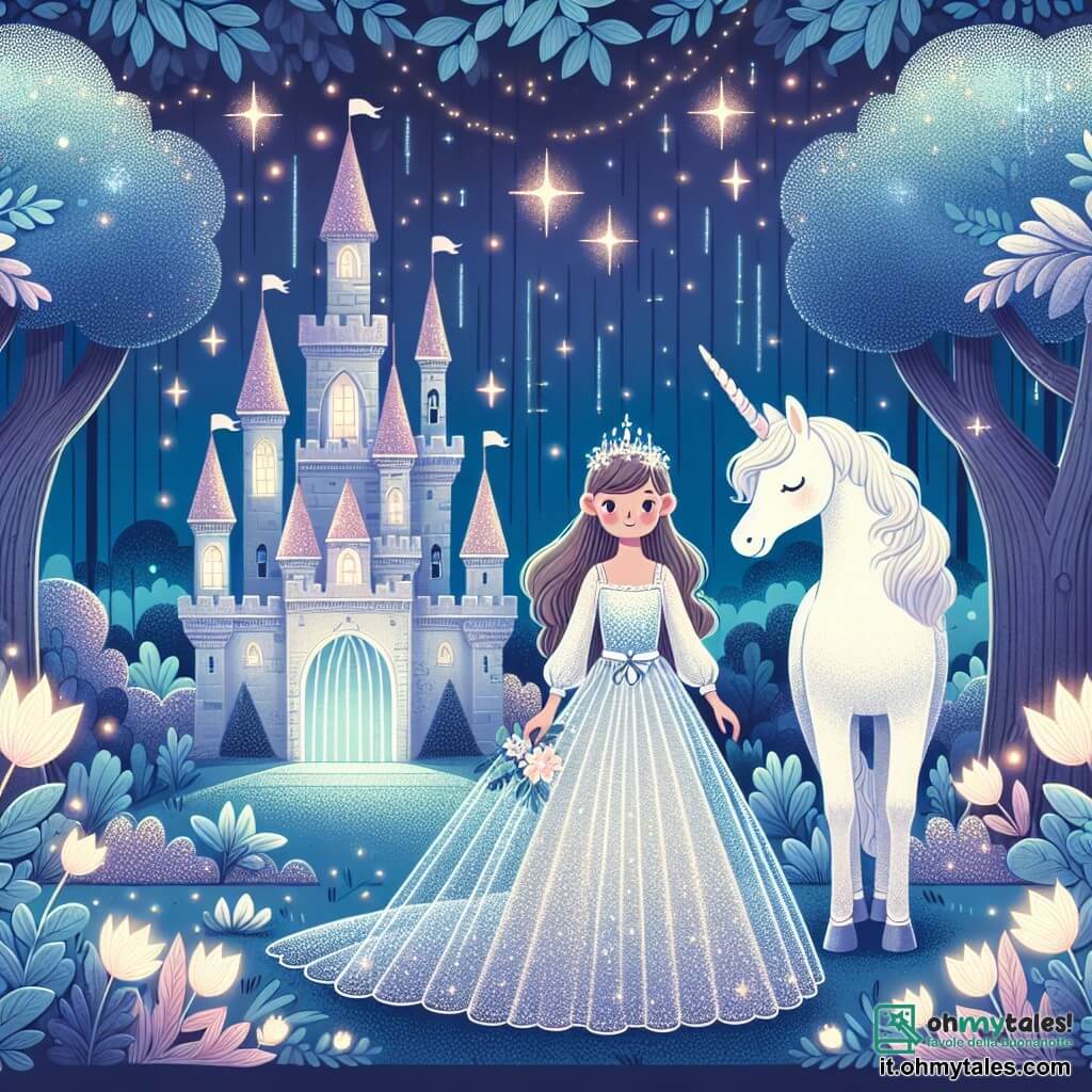 Une illustration destinée aux enfants représentant une femme vêtue d'une robe scintillante, se tenant devant un château enchanté, accompagnée d'une licorne blanche, dans une forêt magique aux arbres lumineux et aux fleurs phosphorescentes.