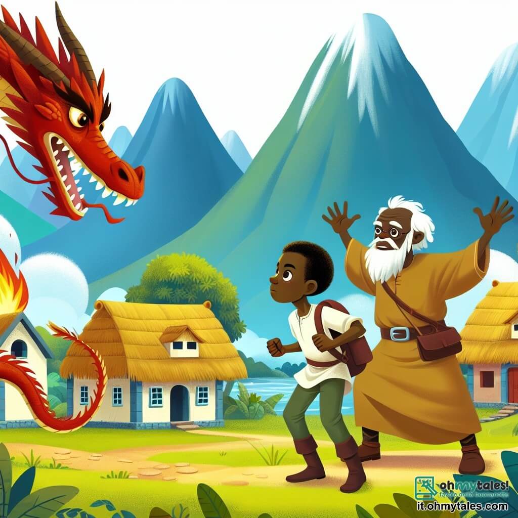Une illustration destinée aux enfants représentant un jeune homme courageux affrontant un dragon de feu menaçant, avec l'aide d'un sage vieillard aux yeux étincelants, dans un village pittoresque niché au pied des majestueuses Montagnes de l'Oku, au Cameroun.