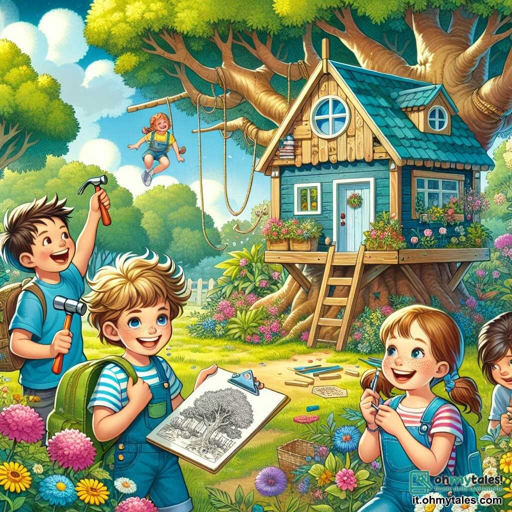Illustrazione che rappresenta un parco soleggiato, pieno di fiori colorati e grandi alberi con foglie verdi. Al centro, una piccola casa sull'albero, dipinta di blu con una porta e una finestra bianche, circondata dalle risate dei bambini. Un ragazzo di circa 8 anni, con capelli ricci e un grande sorriso, tiene un martello e guarda con orgoglio la casa sull'albero. Accanto a lui, una ragazza di circa 7 anni, con lunghi capelli castani e occhiali, tiene un libro da disegno e mostra un disegno della casa ai suoi amici. Un altro ragazzo, di circa 9 anni, con capelli corti e un'espressione determinata, sta fissando un pezzo di legno con delle corde. Infine, una ragazza di circa 6 anni, con due codini e un sorriso radioso, sta raccogliendo fiori per decorare la casa. La scena trasmette un'atmosfera di gioia e collaborazione, illustrando lo spirito di squadra e la fiducia in sé dei bambini mentre lavorano insieme per costruire il loro sogno. Palloncini colorati fluttuano nell'aria e i raggi di sole illuminano la scena, aggiungendo un tocco magico a questo momento di amicizia e creatività.