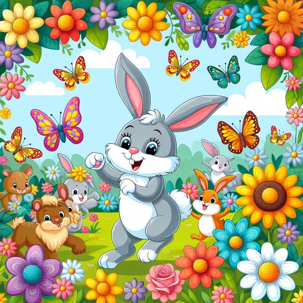 Une illustration destinée aux enfants représentant un lapin farceur en train de jouer des tours à ses amis animaux dans un magnifique jardin fleuri rempli de papillons multicolores.