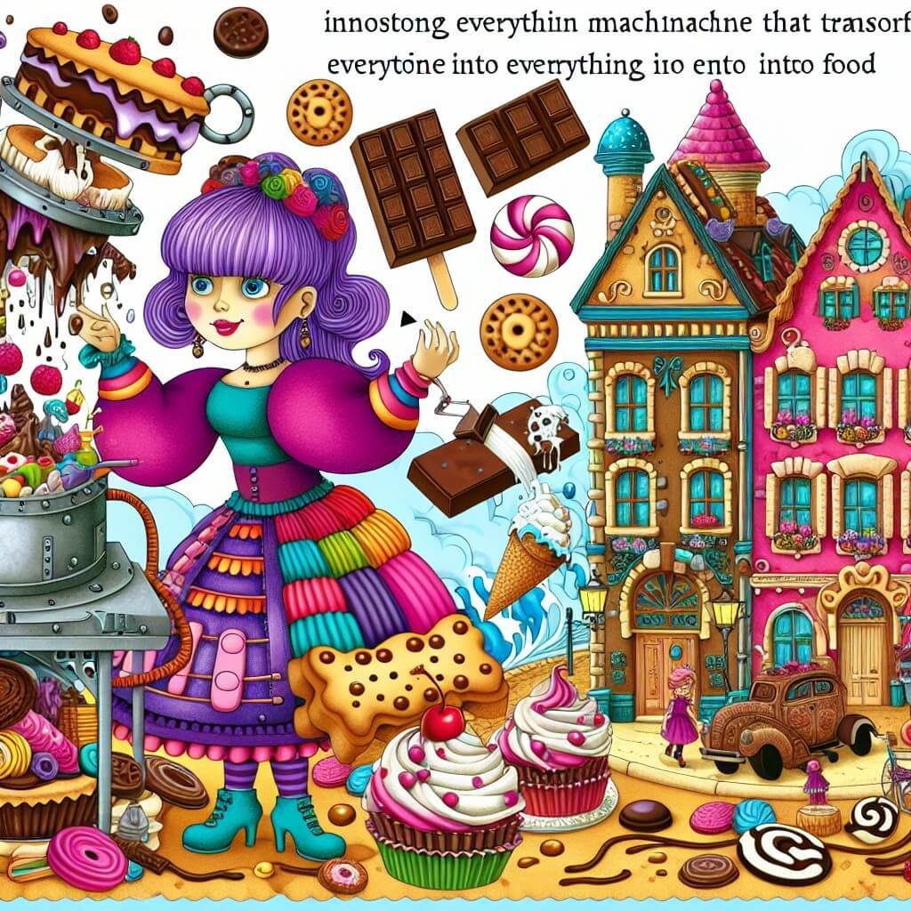 Une illustration destinée aux enfants représentant une femme aux cheveux violets, vêtue de manière colorée, qui invente une machine farfelue capable de transformer tout en nourriture, entraînant une avalanche de gâteaux, glaces et bonbons déferlant dans un petit village pittoresque avec des maisons en forme de biscuits et des rues recouvertes de chocolat.
