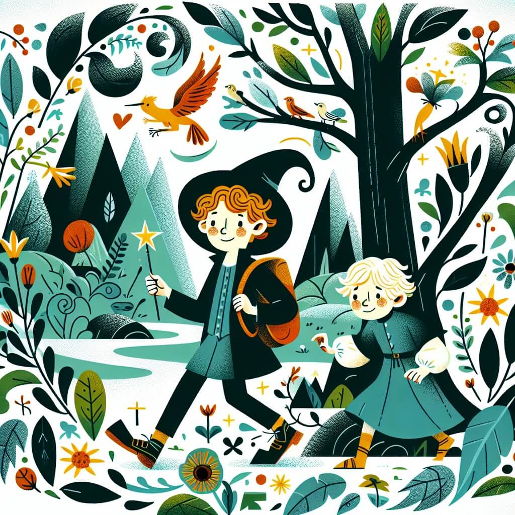 Une illustration destinée aux enfants représentant un apprenti sorcier, perdu dans une forêt enchantée, accompagné d'une joyeuse sorcière, à la recherche d'une baguette magique, dans un monde où les arbres dansent et les fleurs se transforment en animaux rigolos.