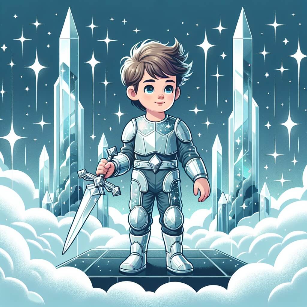 Une illustration destinée aux enfants représentant un jeune garçon aux cheveux ébouriffés, vêtu d'une combinaison spatiale scintillante, tenant une épée étincelante, se tenant devant une tour de cristal futuriste, flottant dans les nuages au-dessus d'une mer d'étoiles scintillantes.