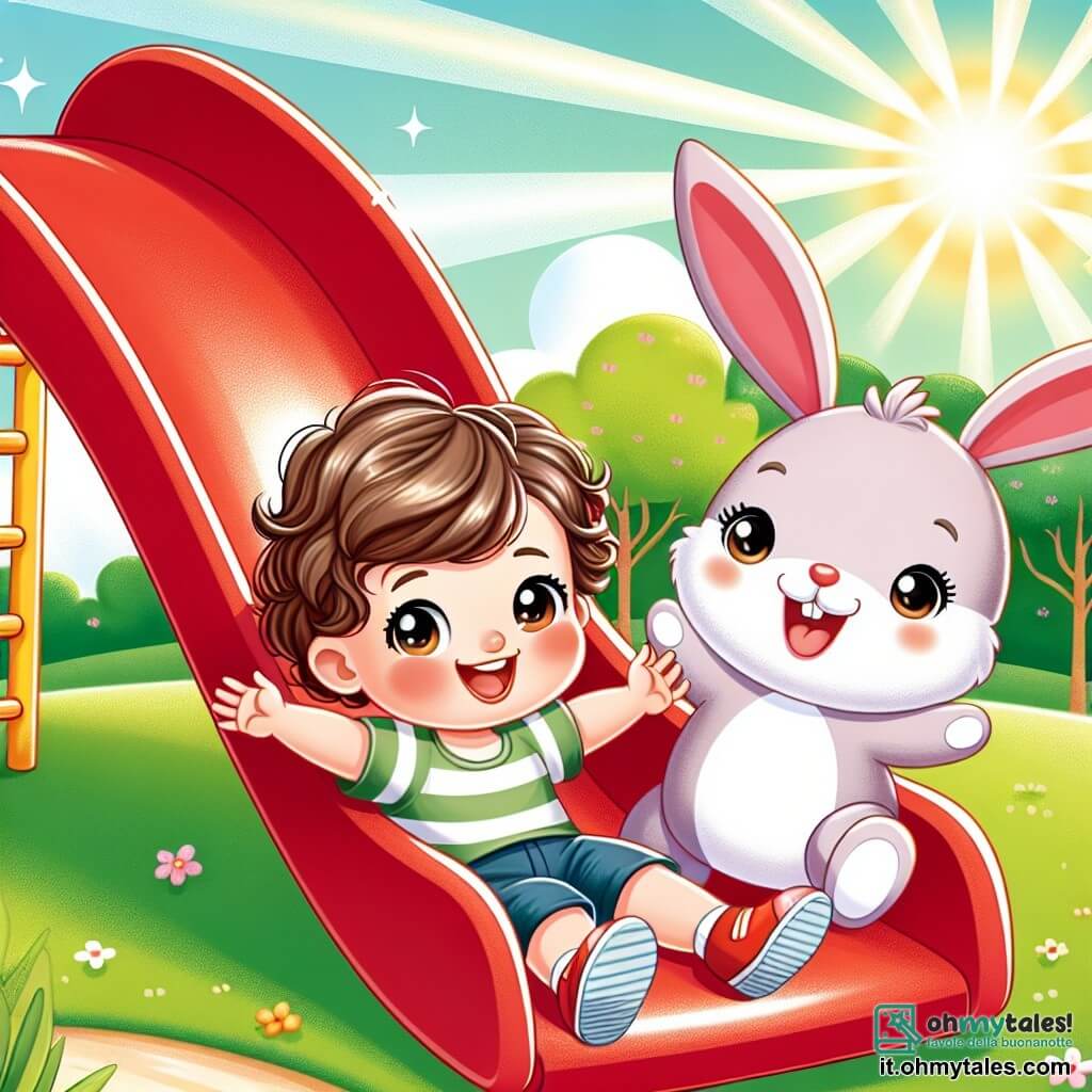 Une illustration sous forme de dessin destinée aux enfants représentant un parc ensoleillé avec une pelouse verte et un grand toboggan rouge, où un petit garçon de 1 an aux cheveux bouclés et aux yeux pétillants rit aux éclats en glissant sur le toboggan, tandis qu'un adorable peluche de lapin, avec de grandes oreilles et un sourire joyeux, l'encourage en sautillant à ses côtés, capturant ainsi la magie de leur amitié et le plaisir de jouer ensemble.