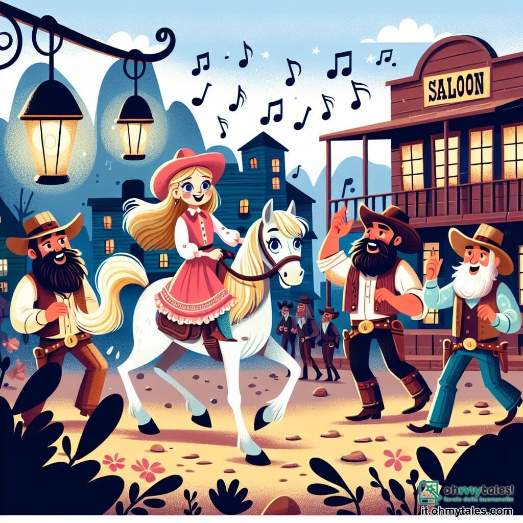 Une illustration sous forme de dessin destinée aux enfants représentant un saloon animé dans un petit village de l'Ouest américain, avec une jeune cow-girl courageuse aux longs cheveux blonds et aux yeux bleus, qui monte fièrement un cheval tout en s'approchant d'un groupe de cowboys barbus et musclés, qui l'encouragent à sauver le cheval du shérif en détresse, tandis que des notes de musique flottent dans l'air et que des lanternes illuminent la scène, créant une atmosphère festive et pleine d'aventure.