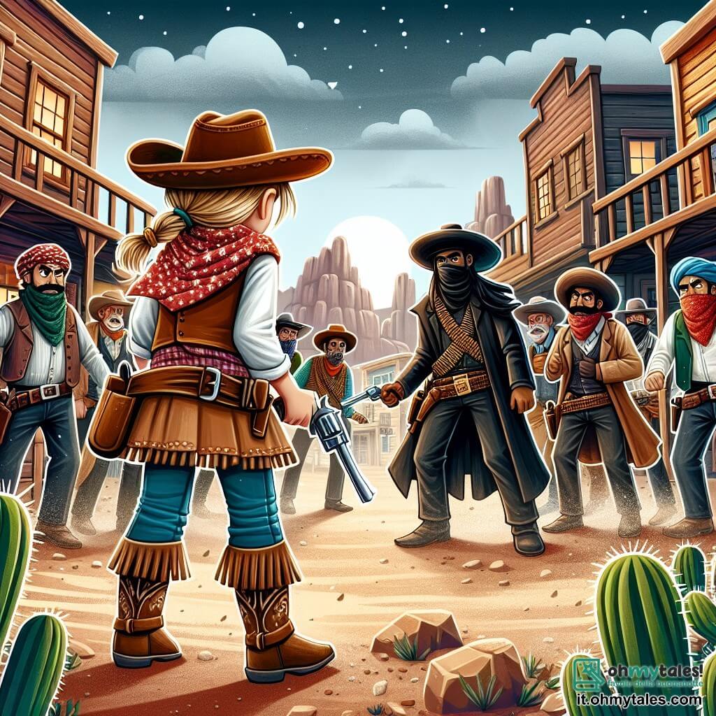 Une illustration destinée aux enfants représentant une jeune cowgirl courageuse, une bande de fuorilegge menaçants, et un village pittoresque du Far West, avec ses maisons en bois, son saloon poussiéreux et ses cactus géants, où se déroule une confrontation épique.