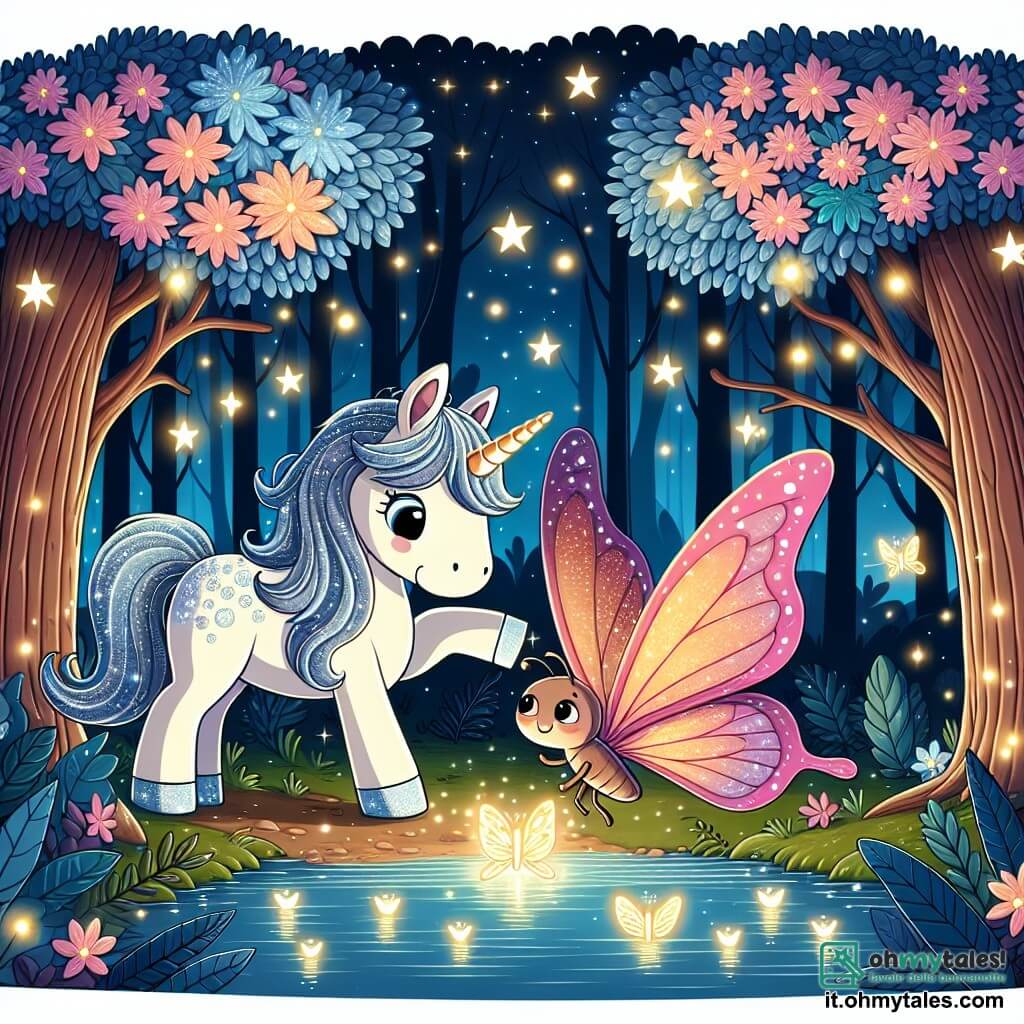 Une illustration destinée aux enfants représentant une licorne aux crins chatoyants, aidant une farfalla magique à retrouver son chemin dans la mystérieuse et lumineuse Forêt Incantée, peuplée de géants arbres en fleurs aux feuilles scintillantes et de lumières dansantes émanant du Lago delle Lucciole Brillanti.