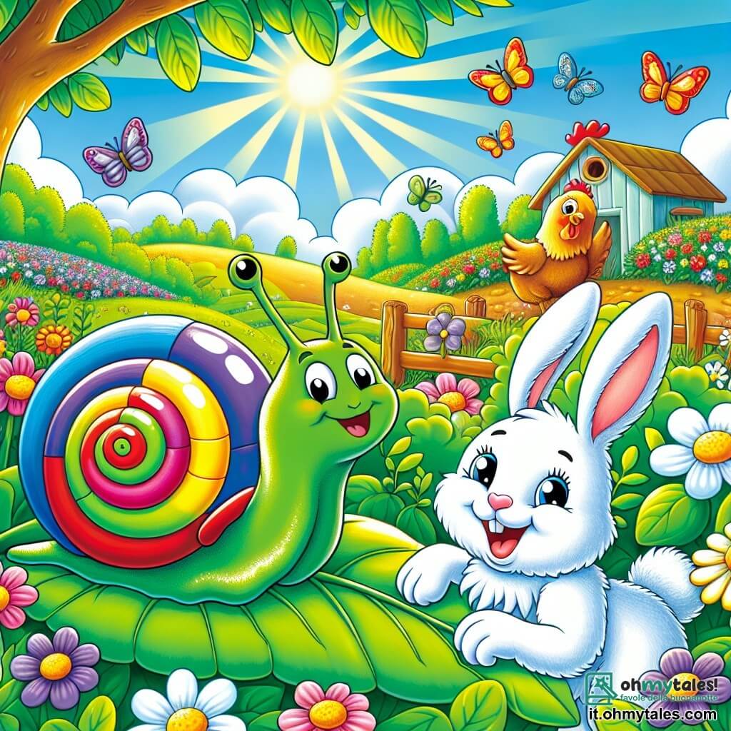 Illustrazione che rappresenta una deliziosa fattoria verdeggiante, con campi di fiori colorati e un cielo blu splendente. In primo piano, una piccola lumaca con una conchiglia a spirale dai colori vivaci, un sorriso gioioso sul volto, si trova su una foglia verde, pronta a giocare. Accanto a lei, un adorabile coniglietto dalle grandi orecchie, con un pelo bianco e morbido, si nasconde dietro un cespuglio fiorito, i suoi occhi brillano di malizia. Sullo sfondo, una gallina ridanciana, con piume dorate e un'aria birichina, si nasconde sotto un albero, aspettando il suo turno per giocare. La scena trasmette un'atmosfera di gioia e divertimento, con raggi di sole che illuminano il paesaggio e farfalle colorate che svolazzano attorno ai personaggi, creando un'atmosfera ludica e incantata.