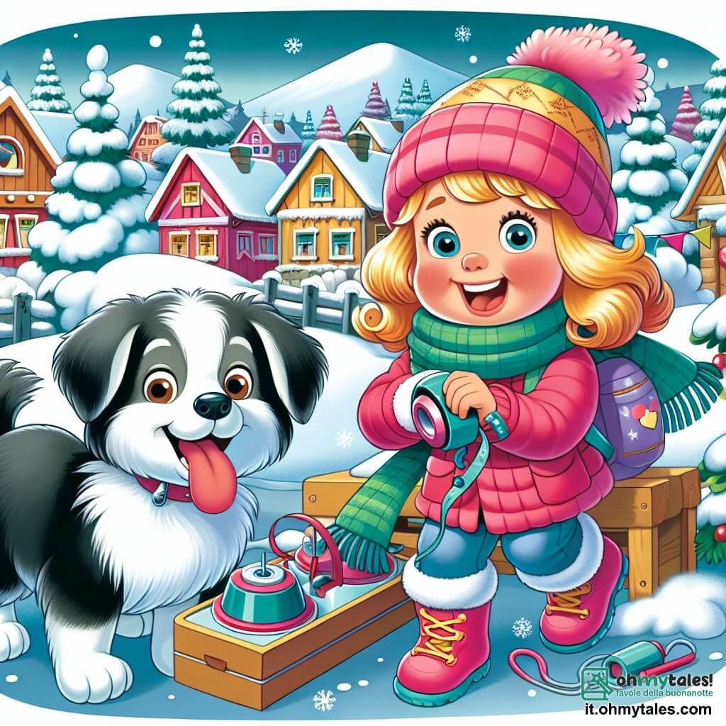Une illustration destinée aux enfants représentant une fillette enthousiaste préparant une fête du nouvel an avec son chien, Baffo, dans un petit village de montagne enneigé, rempli de maisons colorées et d'arbres enneigés.