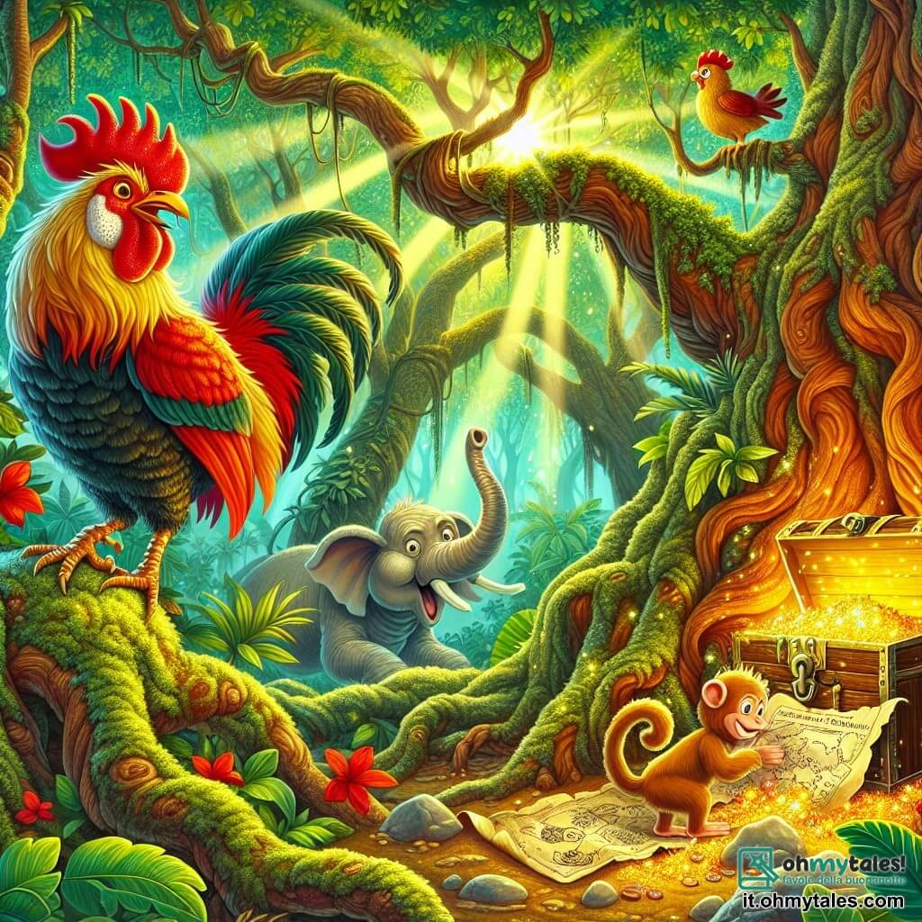 Illustrazione che rappresenta una scena vibrante nel cuore di una giungla lussureggiante, con alberi giganti dai tronchi nodosi che si ergono verso il cielo, le cui foglie verdi brillanti filtrano la luce dorata del sole. Al centro della scena, un gallo dalle piume sgargianti, di un rosso vivace con tocchi di giallo e arancione, si erge fiero su una grossa pietra ricoperta di muschio, tenendo una vecchia mappa nel becco. Accanto a lui, una piccola scimmia birichina, con pelo marrone chiaro e grandi occhi curiosi, si arrampica su un ramo basso, osservando la mappa con fascinazione. Non lontano, un elefante dalle grandi orecchie e dalla pelle grigia, con uno sguardo amichevole, si piega per vedere cosa sta succedendo, la sua proboscide leggermente avvolta attorno a una liana. La scena principale mostra il gallo che rivela un tesoro nascosto, con un antico scrigno aperto ai suoi piedi, pieno di gioielli scintillanti e oggetti misteriosi, mentre raggi di luce illuminano la scena, creando un'atmosfera magica e avventurosa. Fiori colorati e farfalle svolazzano intorno, aggiungendo un tocco di gioia a questa illustrazione piena di vita e amicizia.