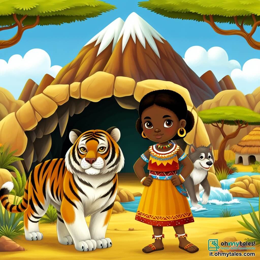Une illustration destinée aux enfants représentant une femme courageuse et sage, se tenant devant une tigre dorée dans une grotte cachée au pied d'une montagne imposante, avec son fidèle chien, un mâle, à ses côtés, dans un village africain entouré de savane et de fiumi asséchés.