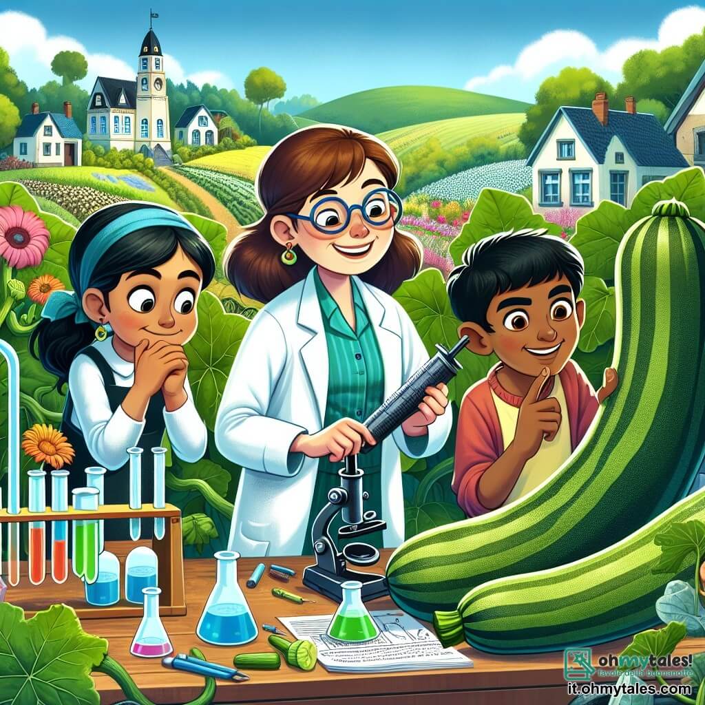 Une illustration destinée aux enfants représentant une inventrice au laboratoire secret, aidée par deux enfants curieux, résolvant un problème de zucchinis géantes dans une petite ville entourée de collines verdoyantes et de champs fleuris.