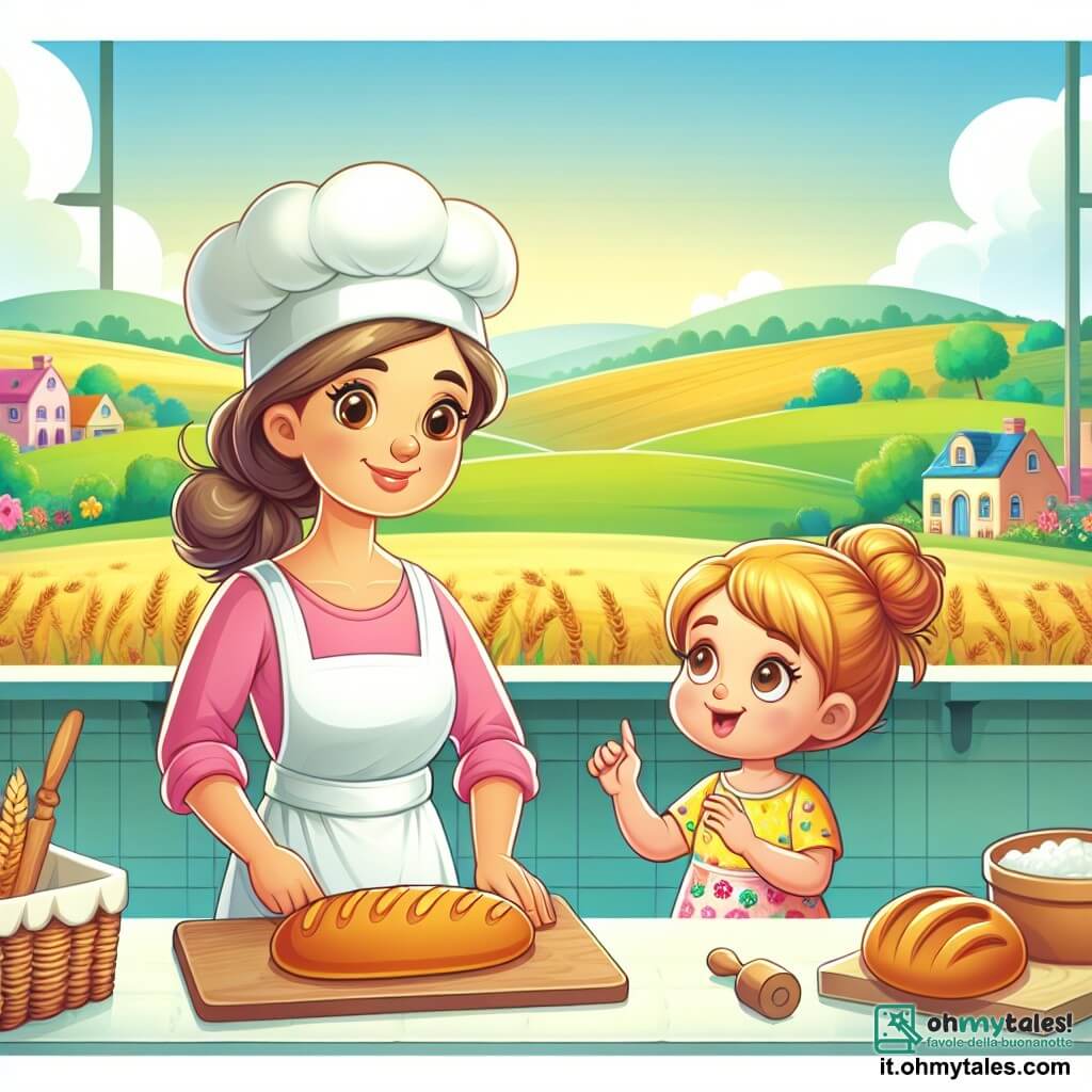Une illustration destinée aux enfants représentant une boulangerie féminine pleine de vie, une petite fille curieuse, une campagne verdoyante avec des collines douces et des champs infinis en arrière-plan.