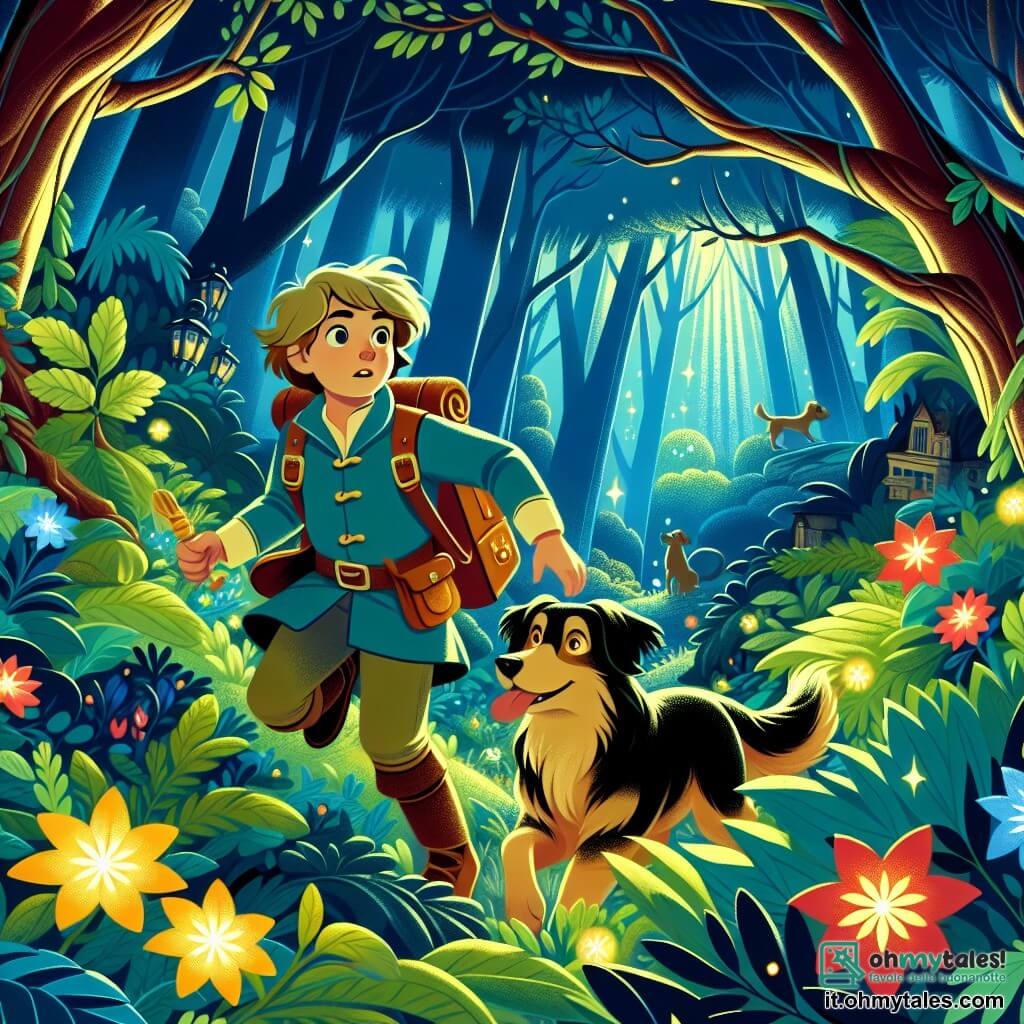 Une illustration destinée aux enfants représentant un jeune garçon intrépide, accompagné de son fidèle chien, explorant une forêt mystérieuse aux arbres touffus et aux fleurs lumineuses, à la recherche d'un objet magique.