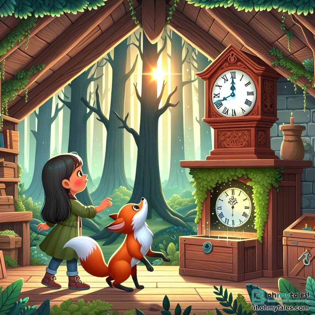 Une illustration destinée aux enfants représentant une fillette curieuse découvrant un mystérieux orologio dans une soffitta antica, accompagnée d'une volpe magica, dans un bosco lussureggiante con alberi alti e frondosi tout intorno.