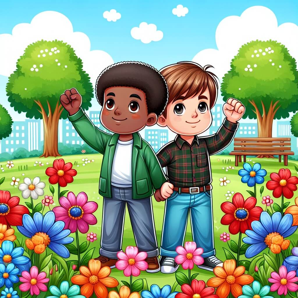 Une illustration destinée aux enfants représentant un jeune garçon courageux qui fait face au racisme, accompagné d'un nouvel ami, dans un parc coloré où les fleurs multicolores dansent au rythme du vent printanier.