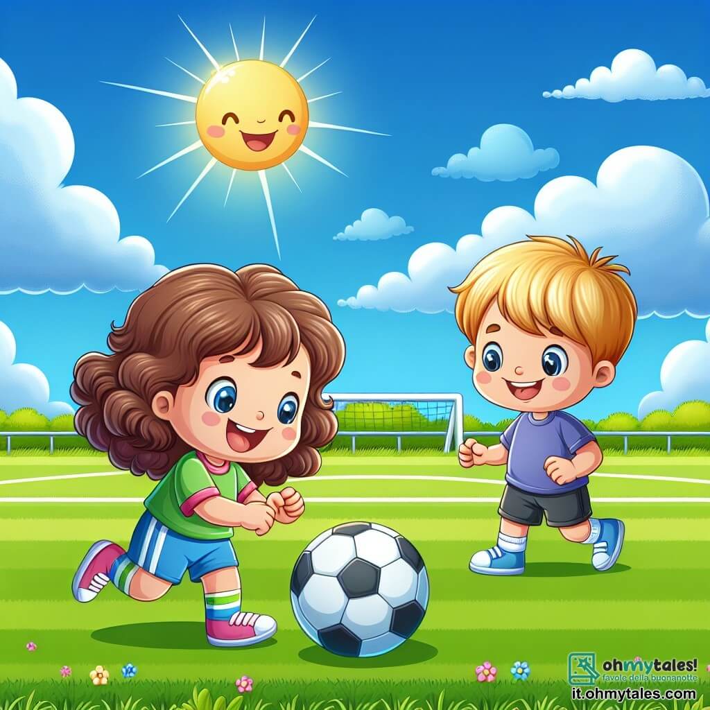 Une illustration sous forme de dessin destinée aux enfants représentant un terrain de football verdoyant sous un ciel bleu ensoleillé, avec une jeune fille aux cheveux bruns et bouclés, portant un maillot de football coloré et des shorts, en train de dribbler le ballon avec un grand sourire, tandis qu'un garçon aux cheveux blonds, vêtu d'un t-shirt et de shorts, l'observe avec admiration, prêt à rejoindre le jeu, illustrant ainsi l'amitié et la joie de jouer au football ensemble.