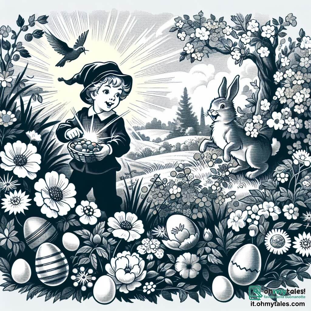 Une illustration destinée aux enfants représentant un garçon émerveillé à la recherche d'oeufs de Pâques colorés dans un jardin fleuri, accompagné d'un Coniglietto de Pasqua jovial, dans un décor printanier enchanté.