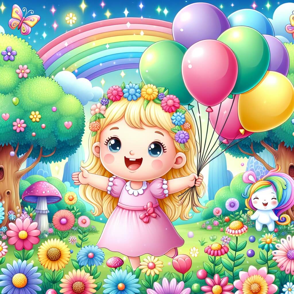 Une illustration destinée aux enfants représentant une petite fille aux boucles blondes, le visage illuminé par un sourire radieux, entourée de ballons colorés, dans un jardin enchanté rempli de fleurs multicolores et d'arbres majestueux.
