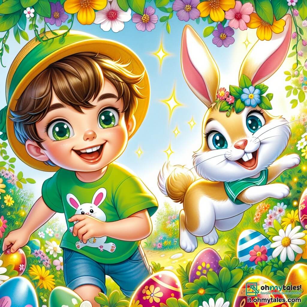 Une illustration sous forme de dessin destinée aux enfants représentant un jardin ensoleillé rempli de fleurs colorées et d'œufs de Pâques cachés, où un garçon de 7 ans aux cheveux bruns et aux yeux pétillants, vêtu d'une t-shirt vert avec un motif de lapin, est en train de chercher des œufs avec un grand sourire sur son visage, tandis qu'un adorable lapin magique aux grandes oreilles et aux yeux bleus, qui danse joyeusement à ses côtés, les entourant d'une atmosphère festive et enchantée, illustrant la magie de la chasse aux œufs de Pâques.