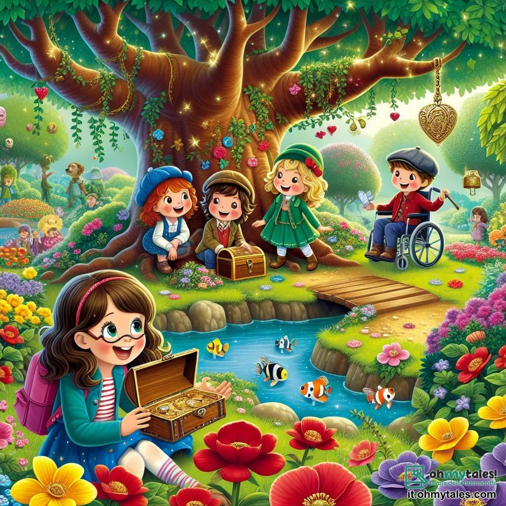 Illustrazione che rappresenta un magnifico giardino incantato, pieno di fiori colorati con petali brillanti di rosso, giallo e viola. Al centro, un grande albero dalle branche estese, sotto il quale si trova un piccolo ponte di legno, circondato da una vegetazione lussureggiante e da un laghetto scintillante, dove pesci dalle squame brillanti nuotano felicemente. In questa scena, quattro giovani avventurieri sono riuniti. Una ragazza di 10 anni, con lunghi capelli castani e occhiali, sorride entusiasta mentre tiene una vecchia mappa del tesoro. Accanto a lei, un'altra ragazza di 9 anni, con capelli biondi e ricci, indossa un vestito colorato e guarda con curiosità un piccolo scrigno di legno che ha appena scoperto. Un ragazzo di 10 anni, con capelli castani e un berretto, sta arrampicandosi su un ramo dell'albero, ridendo di gioia. Infine, una ragazza di 11 anni, in sedia a rotelle, ha un grande sorriso sul volto e osserva le sue amiche con orgoglio, tenendo una chiave d'argento in mano. La scena principale mostra i bambini in piena esplorazione, alla ricerca di un tesoro nascosto nel loro giardino magico. Farfalle colorate volano attorno a loro, e raggi di sole filtrano tra le foglie, creando un'atmosfera incantata. Strumenti da giardinaggio sono sparsi intorno a loro, testimoniando la loro avventura e la determinazione a far fiorire il loro giardino di felicità.