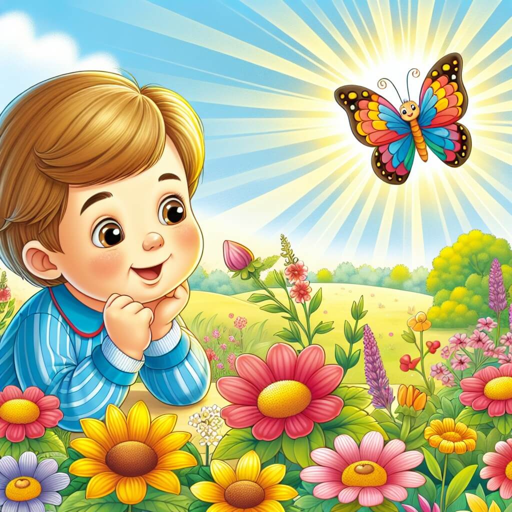 Une illustration destinée aux enfants représentant un jeune garçon, émerveillé par la nature qui s'éveille, accompagné d'une farfalla multicolore, dans un jardin en fleurs où les rayons du soleil caressent doucement les pétales des fleurs.