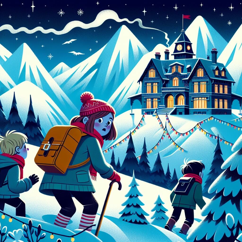 Une illustration destinée aux enfants représentant une jeune fille curieuse et aventureuse, entourée de ses amis, découvrant un mystérieux manoir abandonné au sommet d'une montagne enneigée lors de la nuit du nouvel an.