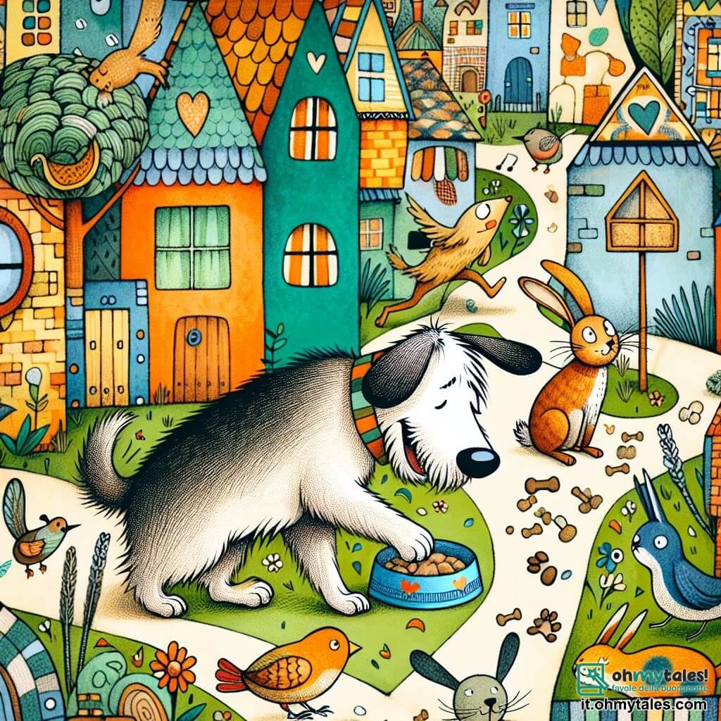 Une illustration destinée aux enfants représentant un chien espiègle et maladroit, une situation de recherche de sa scodella préférée disparue, un lapin sautillant, un chat somnolent et un oiseau chantant, dans une ville animale colorée avec des maisons en forme de nichoirs, des arbres en forme de griffes et des rues pavées de croquettes.