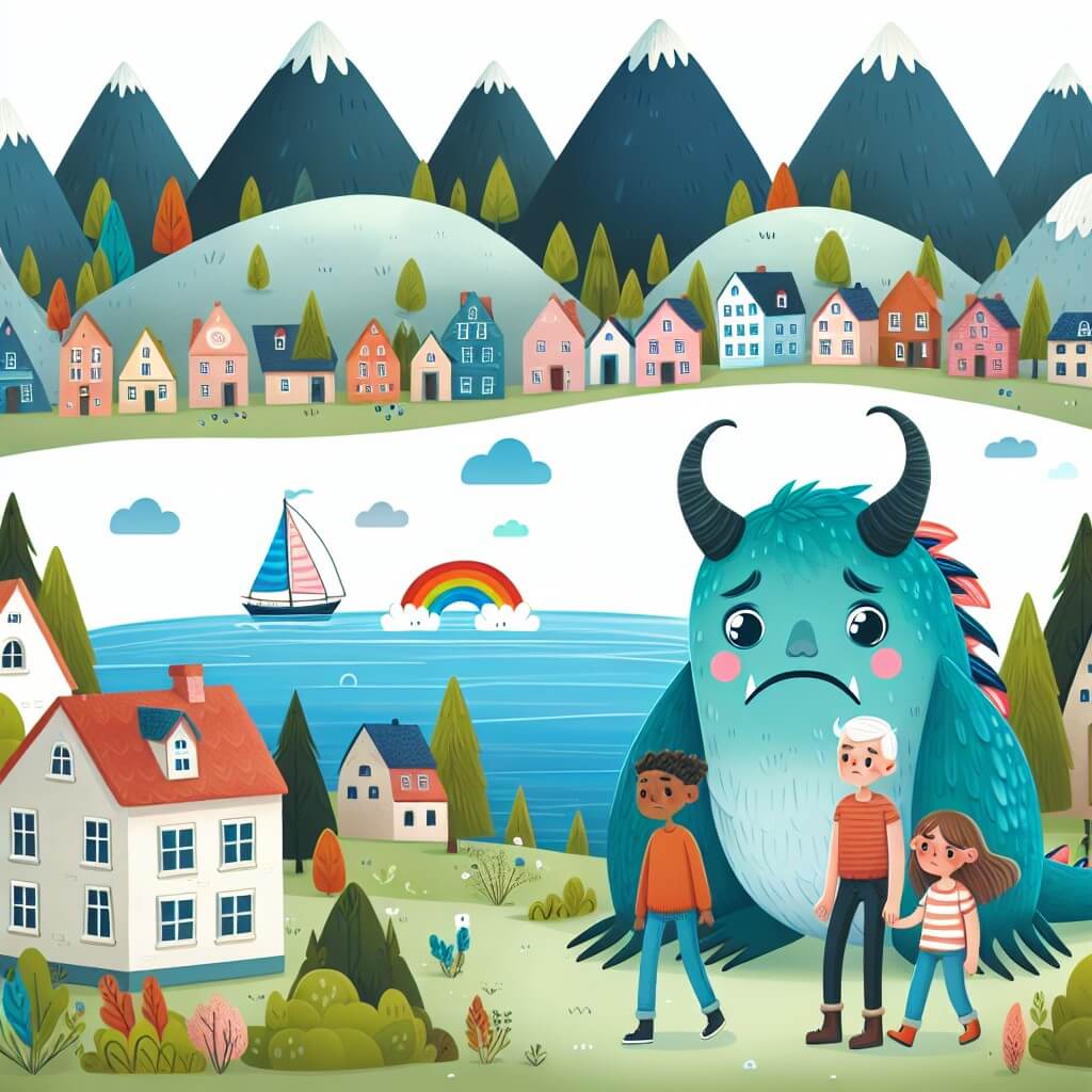 Une illustration destinée aux enfants représentant une créature fantastique, solitaire et triste, qui se cache dans les collines mystérieuses, accompagnée de trois courageux amis qui l'aident à révéler sa véritable nature dans un village paisible entouré de maisons colorées et d'un lac scintillant.