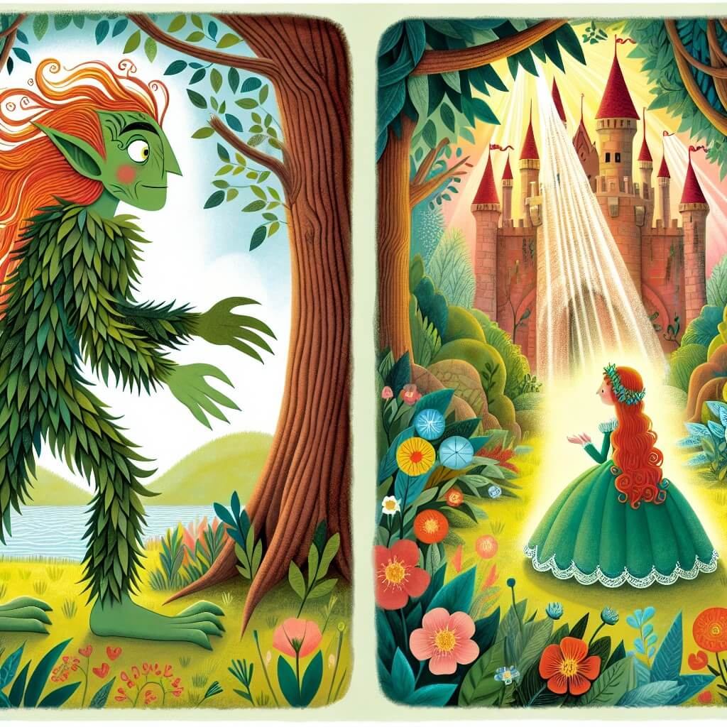 Une illustration destinée aux enfants représentant une créature fantastique, avec une peau verte comme l'herbe et des cheveux rouges comme le feu, se trouvant dans une forêt magique où elle rencontre une princesse emprisonnée dans un château incanté, avec en arrière-plan des arbres majestueux, des fleurs colorées et des rayons de soleil filtrant à travers les feuilles.