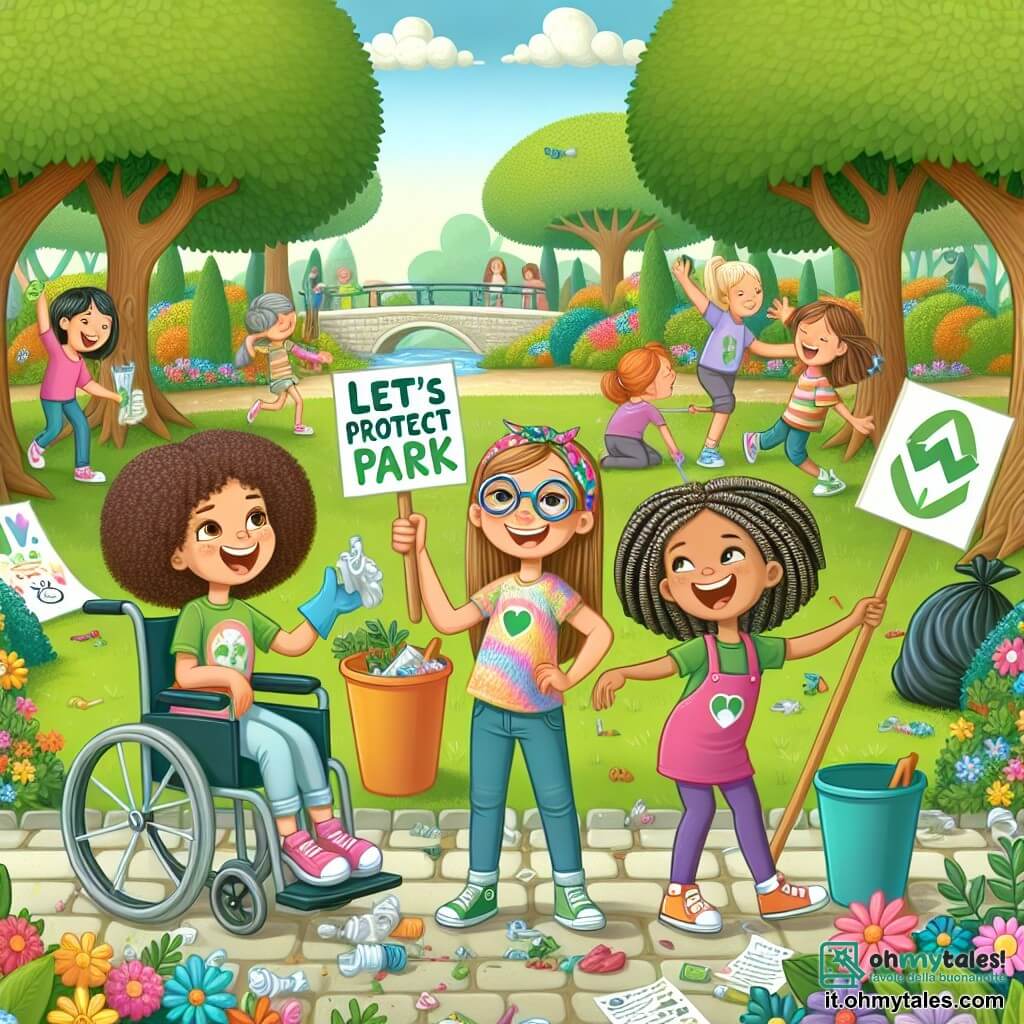 Illustrazione che rappresenta un parco verde e soleggiato, pieno di fiori colorati e alberi maestosi. Al centro, un gruppo di quattro ragazze di circa 10 anni si tiene gioiosamente. Una di loro, con capelli ricci e occhiali colorati, sorride mentre tiene un grande cartello colorato che dice "Proteggiamo il nostro parco!". Un'altra ragazza, con capelli lisci e una sedia a rotelle, ride mentre raccoglie rifiuti con un guanto. La terza, con capelli intrecciati, si impegna a dipingere manifesti con messaggi sull'ecologia, mentre l'ultima, con capelli corti e una maglietta verde, incoraggia i passanti a partecipare alla raccolta. Sullo sfondo, bambini e adulti si uniscono a loro, raccogliendo rifiuti e ridendo insieme, creando un'atmosfera di cameratismo e gioia. Sacchi della spazzatura colorati e giochi all'aperto aggiungono un tocco festoso a questa scena di solidarietà per la protezione dell'ambiente.