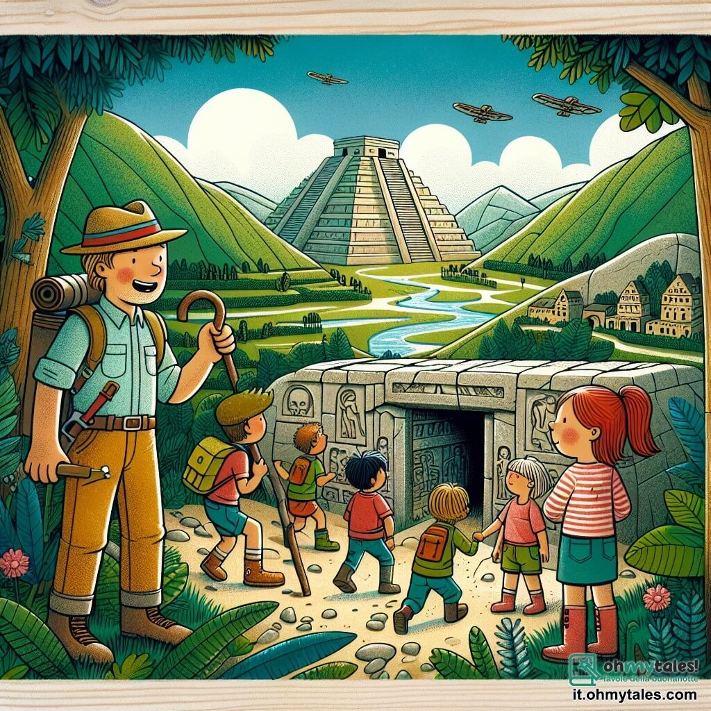 Une illustration destinée aux enfants représentant un homme archéologue intrépide, accompagné de jeunes enfants curieux, explorant une ancienne tombe cachée parmi les collines verdoyantes et les rivières cristallines d'une petite ville pittoresque.