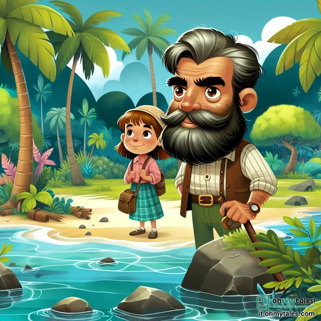 Une illustration destinée aux enfants représentant un homme au regard malicieux et à la barbe touffue, une jeune fille intrépide à ses côtés, explorant une île luxuriante bordée de palmiers et d'eaux cristallines, à la recherche d'un trésor perdu.