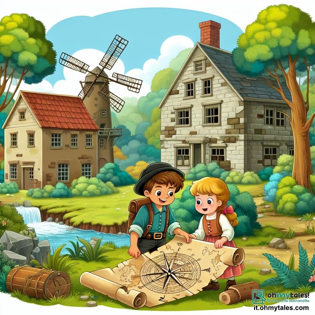 Une illustration destinée aux enfants représentant un garçon curieux découvrant une ancienne carte au trésor avec l'aide de son amie courageuse, une fille déterminée, dans un village pittoresque entouré de bois verdoyants et d'un vieux moulin abandonné aux fenêtres brisées.
