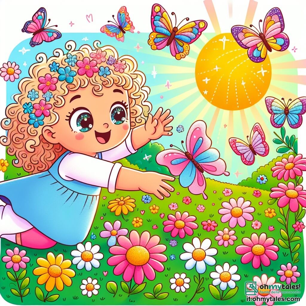 Une illustration sous forme de dessin destinée aux enfants représentant un jardin ensoleillé rempli de fleurs colorées, avec une petite fille d'environ un an aux cheveux bouclés et aux yeux pétillants, qui tend la main vers une délicate farfalle aux ailes multicolores qui danse autour d'elle, tandis que des papillons supplémentaires volent joyeusement dans l'air, symbolisant la beauté et la magie de l'imagination et des rêves.