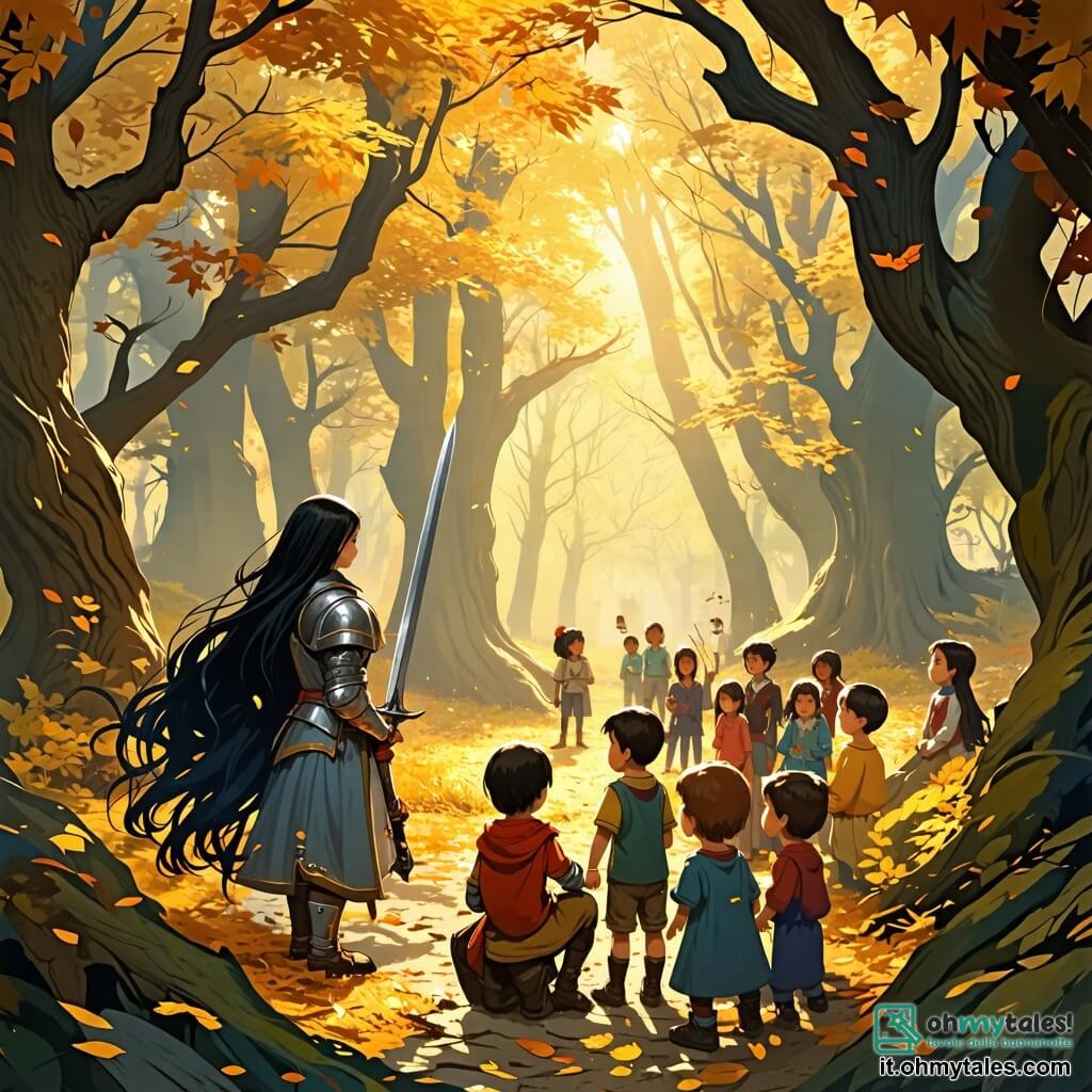 Une illustration sous forme de dessin destinée aux enfants représentant une vaste forêt enchantée, avec des arbres majestueux aux feuilles dorées, où se tient une jeune chevaleresse aux longs cheveux noirs, portant une armure étincelante et brandissant une épée avec détermination, tandis qu'un groupe de jeunes enfants, garçons et filles aux visages émerveillés, l'entoure, écoutant attentivement ses récits d'aventures épiques et de dragons, alors qu'un doux rayon de soleil perce à travers les branches, illuminant la scène magique et inspirante.