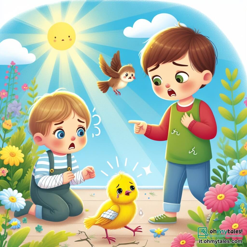 Une illustration destinée aux enfants représentant un petit garçon aux yeux curieux confronté à sa maman inquiète suite à une petite tromperie, accompagné d'un adorable uccellino ferito, dans un giardino fiorito baciato dal sole.