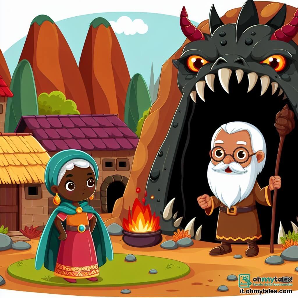 Une illustration destinée aux enfants représentant une femme courageuse et sage, se trouvant dans un village africain pittoresque, accompagnée d'un mystérieux vieil homme à la longue barbe blanche, devant une grotte sombre et sinistre où réside un dragon maléfique.