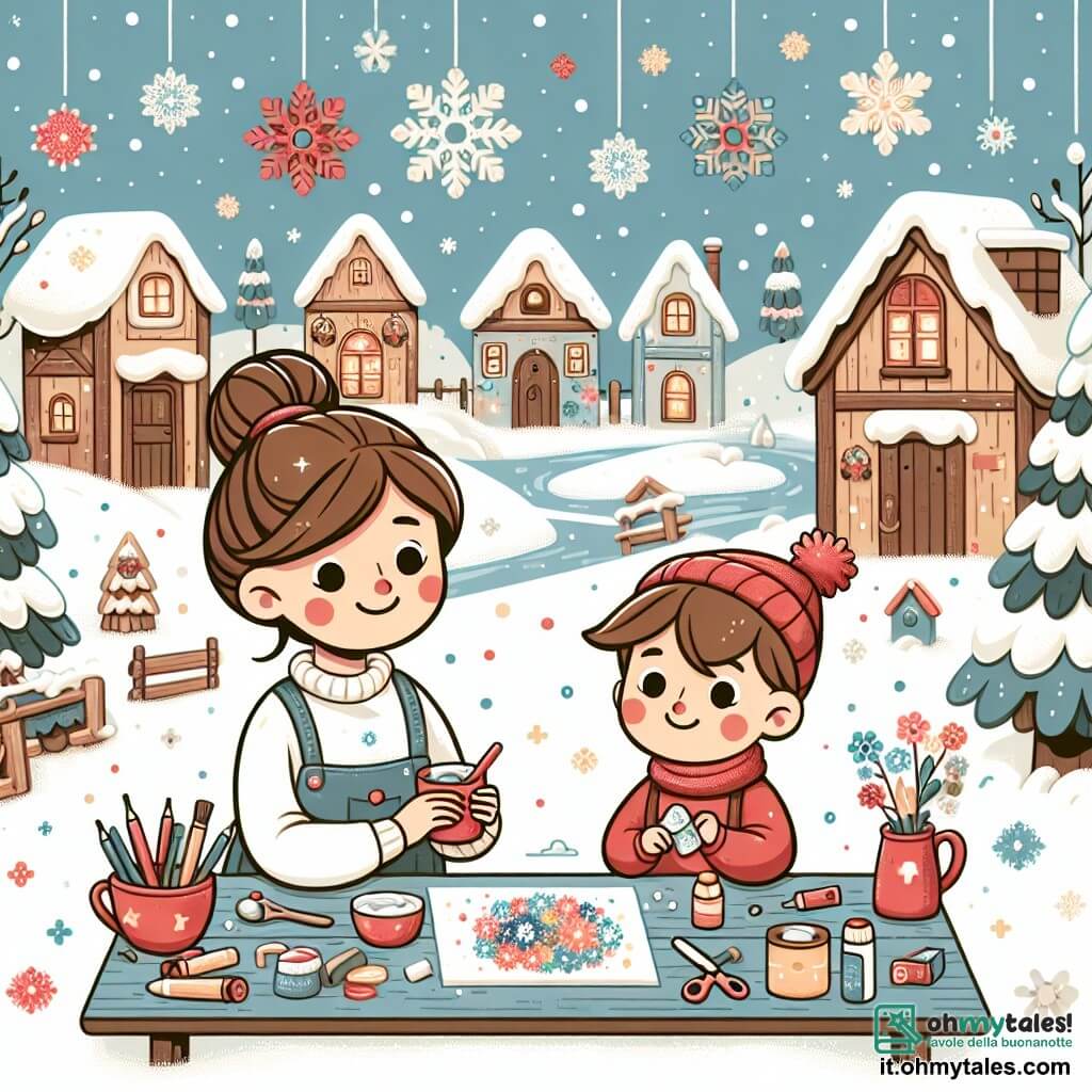 Une illustration sous forme de dessin destinée aux enfants représentant un paisible village enneigé, avec des maisons aux toits recouverts de neige scintillante et des arbres ornés de flocons de neige, où un garçon de 3 ans aux cheveux châtains et aux joues roses, vêtu d'une combinaison rouge et d'un bonnet bleu, est assis à une table en bois, concentré sur la création d'une œuvre d'art hivernale en utilisant des couleurs vives, tandis qu'à ses côtés, sa maman, une femme souriante aux cheveux bruns attachés en chignon, l'encourage avec une tasse de chocolat chaud fumant dans les mains, et des fiocchi di neve en coton éparpillés autour d'eux, symbolisant la magie et la créativité de l'hiver.