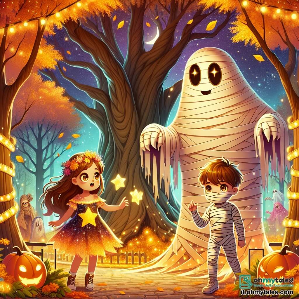 Une illustration sous forme de dessin destinée aux enfants représentant un parc enchanté aux couleurs automnales, avec des arbres aux feuilles dorées et un grand arbre séculaire au centre, où une fille de 12 ans, aux longs cheveux bruns et aux yeux pétillants, vêtue d'un costume de star scintillante, se tient courageusement aux côtés de son ami, un garçon aux cheveux châtains enroulé dans des bandages de momie, alors qu'ils affrontent un grand fantôme amical aux yeux brillants qui les invite à danser, créant une atmosphère magique et joyeuse de la nuit d'Halloween.