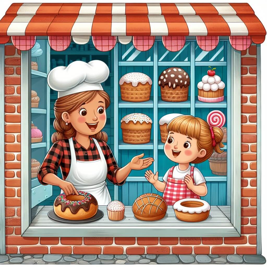 Une illustration destinée aux enfants représentant une boulangère passionnée, entourée de douceurs sucrées, faisant découvrir son art à une petite fille curieuse dans une charmante boulangerie aux murs de briques rouges, avec des fenêtres ornées de rideaux à carreaux et un toit couvert de tuiles rouges.