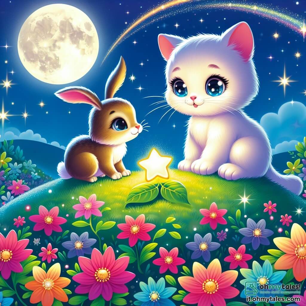 Illustrazione che rappresenta una collina magica illuminata dalla luce della luna, coperta di fiori vivaci e colorati, con stelle scintillanti nel cielo notturno. In cima alla collina, un piccolo gatto dai peli setosi e lucenti, con occhi brillanti di curiosità, si trova delicatamente vicino a una stella luminosa posata su una foglia. Il gatto, con le sue zampette e la coda arricciata, sembra concentrato e determinato ad aiutare la sua amica. Accanto a lui, un giovane coniglio dalle grandi orecchie e pelo morbido, con occhi rotondi e maliziosi, osserva la scena con entusiasmo, pronto a sostenere il suo amico in questa avventura. La scena principale mostra il gatto e il coniglio uniti nella loro missione di aiutare la piccola stella a ritrovare il suo posto nel cielo, con bagliori di luce che emanano dalla stella e un'atmosfera di magia e amicizia palpabile. Elementi come le lucciole danzano attorno a loro, aggiungendo un tocco fiabesco a questa scena incantata.