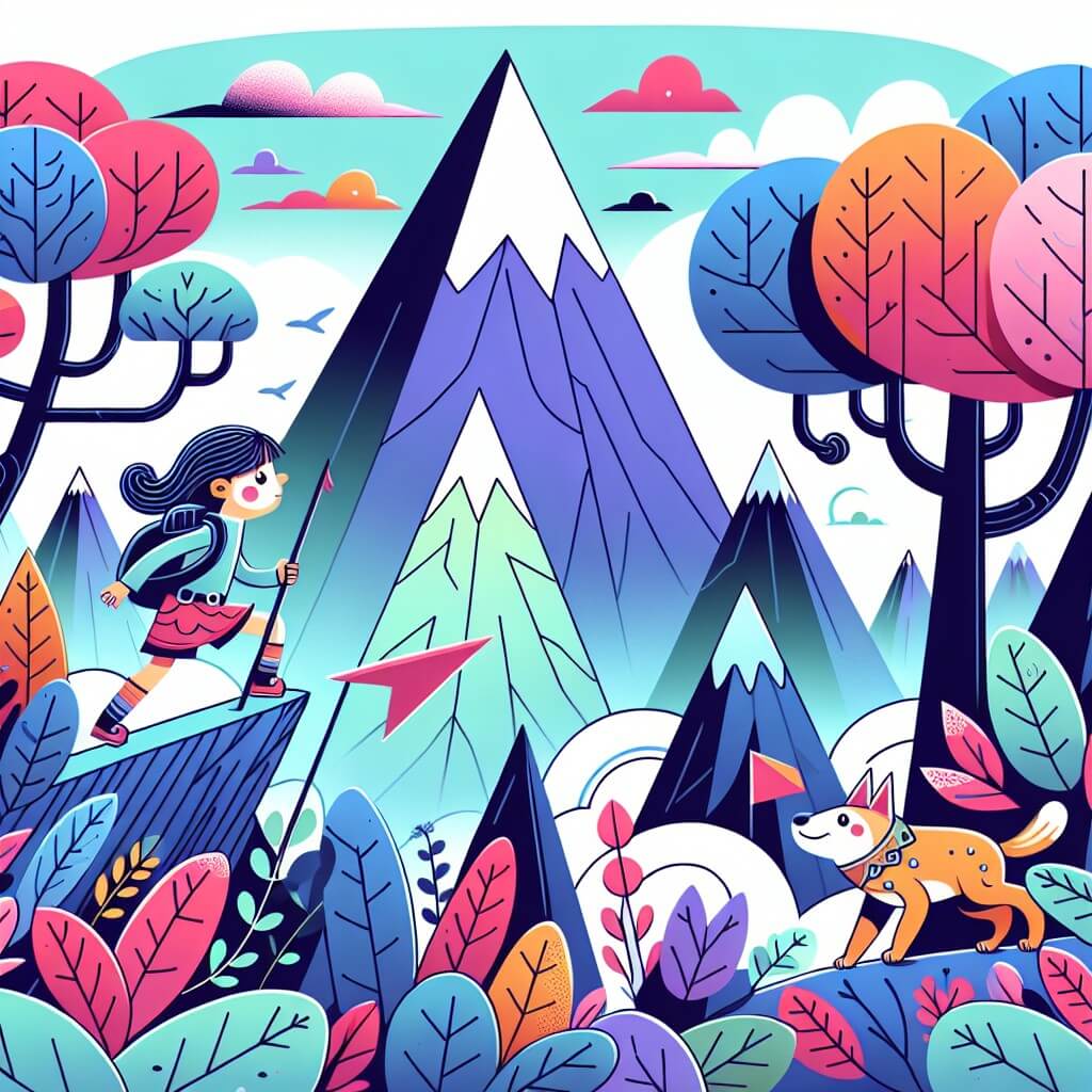 Une illustration destinée aux enfants représentant une jeune fille intrépide se lançant dans un défi impossible, accompagnée d'un étrange compagnon, dans un paysage fantastique rempli de montagnes flottantes et d'arbres aux feuilles multicolores.