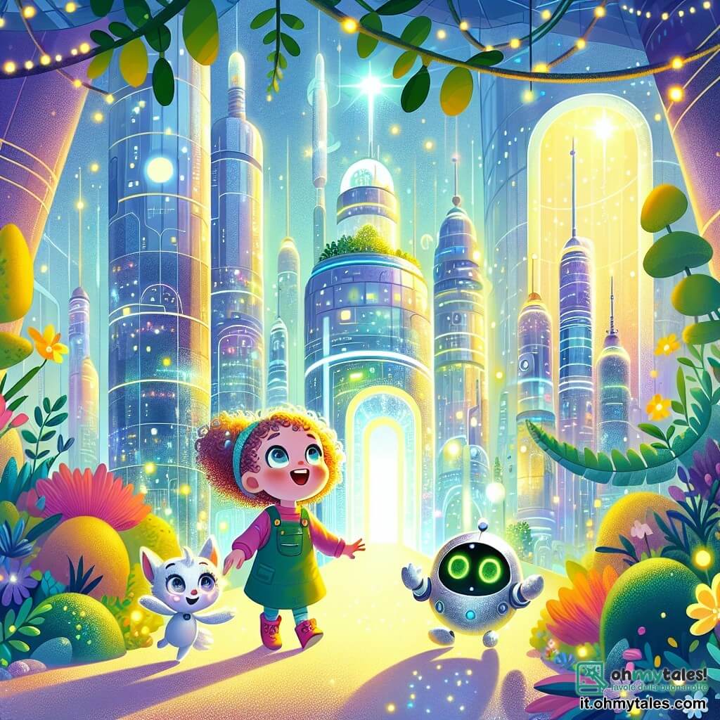 Une illustration sous forme de dessin destinée aux enfants représentant une ville futuriste lumineuse avec des bâtiments en verre scintillant et des jardins suspendus, où une petite fille de 3 ans aux cheveux bouclés et aux yeux pétillants explore émerveillée, tenant un petit robot argenté avec des yeux brillants qui flotte à ses côtés, tandis qu'un animal vert aux grandes oreilles et au sourire joyeux les guide vers un portique lumineux, symbolisant leur aventure magique à la recherche du chemin de retour à la maison.