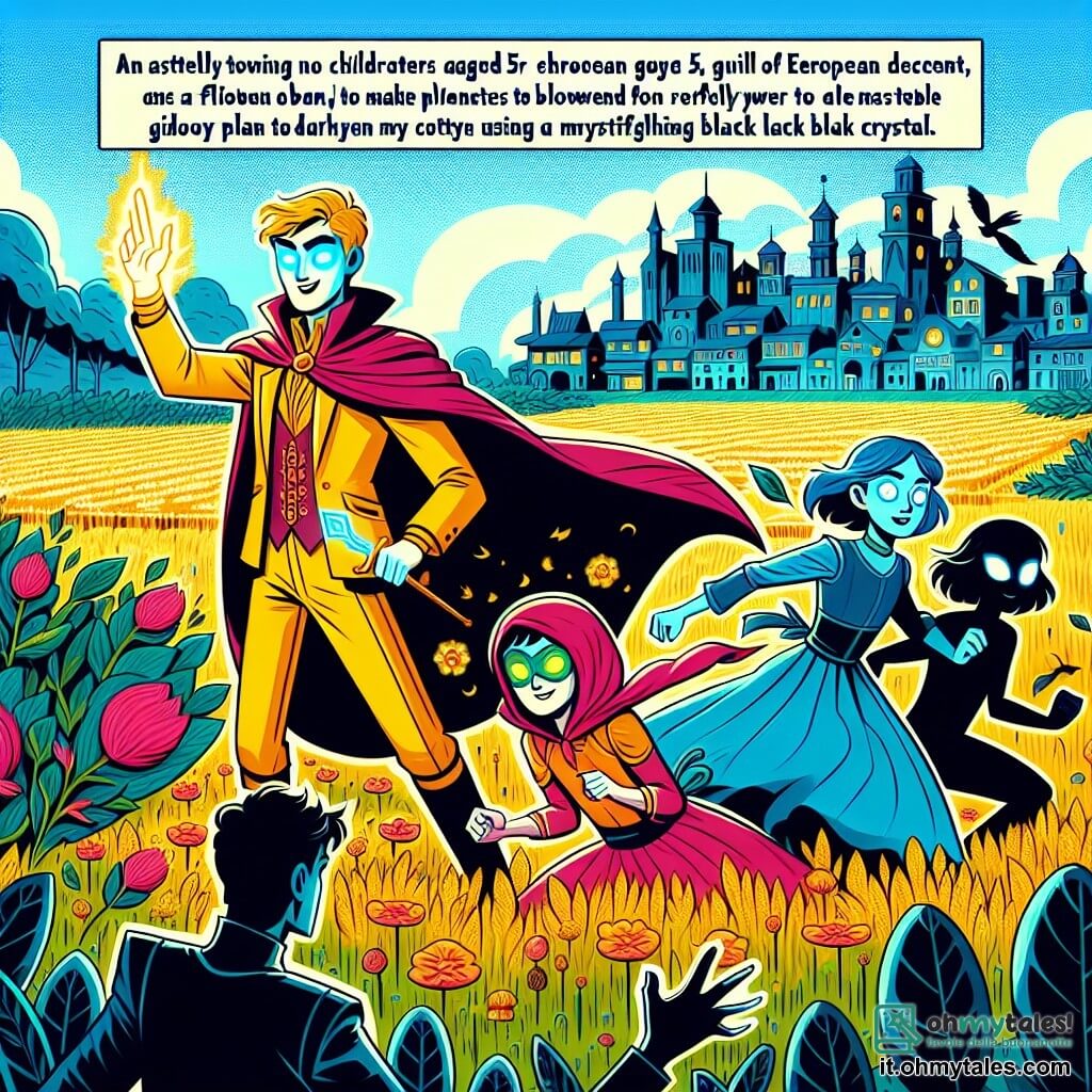 Une illustration sous forme de dessin destinée aux enfants représentant un champ coloré d'Arcobalenopoli, où un homme aux yeux brillants et à la peau bleue, vêtu d'un costume jaune et d'un manteau rouge flottant, utilise ses pouvoirs pour faire fleurir des plantes autour de lui, tandis qu'une fille rapide, vêtue d'un costume bleu, court pour rassembler des informations sur une bande de malfaiteurs, et une autre fille, invisible, se faufile discrètement parmi les ombres, alors qu'ils tentent ensemble de stopper un plan maléfique pour assombrir leur ville en utilisant un mystérieux cristallo noir.