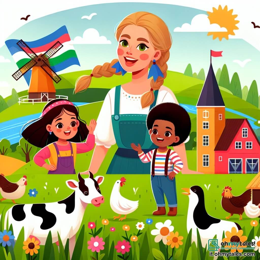 Une illustration destinée aux enfants représentant une agricultrice passionnée, deux enfants curieux et enthousiastes, et une ferme colorée entourée de champs verdoyants et d'animaux joyeux.