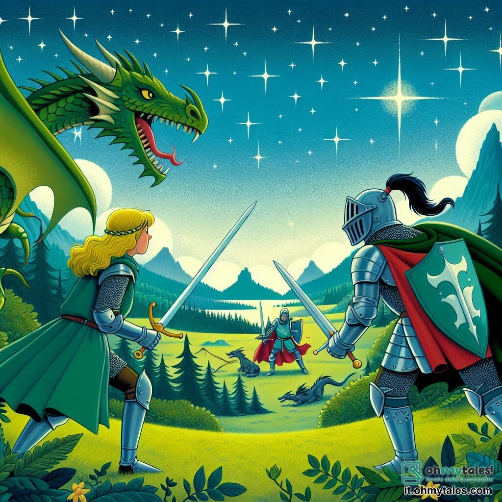 Une illustration destinée aux enfants représentant une chevalière intrépide, accompagnée d'un courageux chevalier, affrontant un dragon féroce dans les vastes plaines verdoyantes du royaume de Camelot, sous un ciel étoilé scintillant.