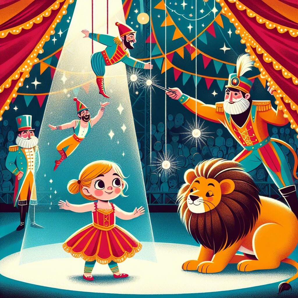 Une illustration destinée aux enfants représentant une petite fille émerveillée par les acrobaties des artistes du cirque, accompagnée d'un dompteur de lions courageux, dans un grand chapiteau coloré rempli de lumières scintillantes.